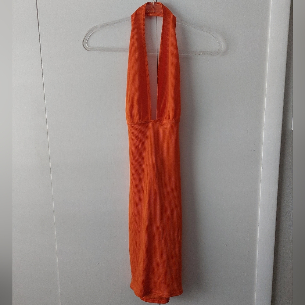 PrettyLittleThing Vibrant Orange Backless Halter Dress